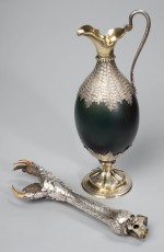 A parcel gilt silver mounted emu egg claret jug, hallmarked London, 1865