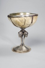 A parcel gilt silver mounted but unmarked human cranium libation cup by London silversmiths Hunt & Roskell, numbered 563. English circa 1860