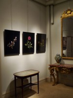 Eichelmann's Decoupage pictures above Art Nouveau beaded table with 18th century German carved side table
